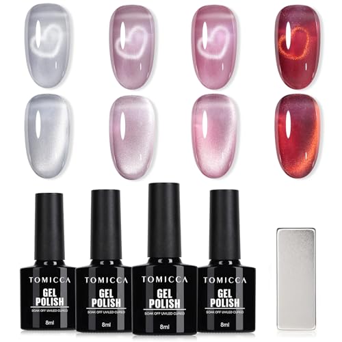 TOMICCA Cat Eyes UV Nagellack, 4 Farben Burgund Rot Hellviolett Silber Glitzer Gel Nagellack Set Mit Magnet, UV Gel Nägel Polish für Anfänger DIY Home & Nail Art Maniküre Salon, 8ML von TOMICCA