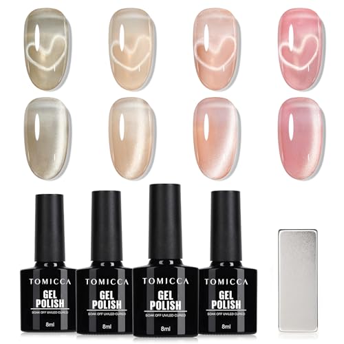 TOMICCA Cat Eyes UV Nagellack, 4 Farben Nude Rosa Silber Glitzer Gel Nagellack Set Mit Magnet, UV Gel Nägel Polish für Anfänger DIY Home & Nail Art Maniküre Salon, 8ML von TOMICCA