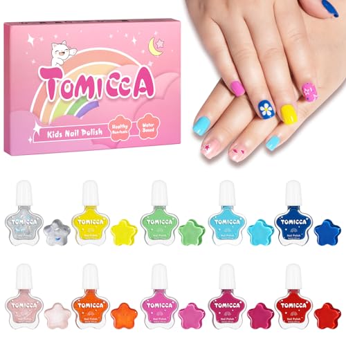 TOMICCA Kinder Nagellack Set, 10 Farben Glitzer Nagellack Ungiftig Geruchlos Peel Off Aqua Schnell Trocken Kindernagellack Geschenke Kit, DIY-Nagelkunstdesigns für Mädchen ab 3 Jahren von TOMICCA