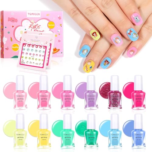 TOMICCA Kinder Nagellack Set 12 Farben Ungiftig Geruchlos Peel Off Aqua Schnell Trocken Nagellack Geschenke Kit für Mädchen Kinder Geldgeschenk Weihnachten von TOMICCA