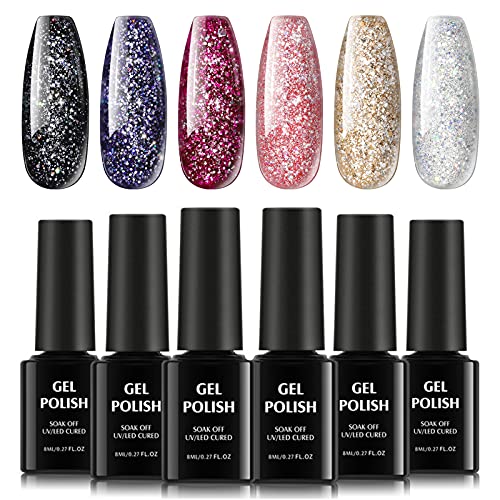 TOMICCA UV Nagellack Glitzer Gel Nagelgel Set 6 x 8ml, Farbwechsel Gel Sternen Glitter Nail Gel Polish Kit, Lack UV Farbgel Set für Nagel Design von TOMICCA