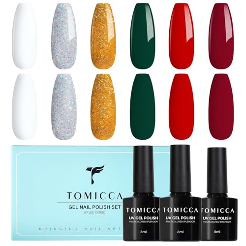 TOMICCA UV Nagellack Set, 6 Farben Christmas Rot Grün Weißer Glitzer Gel Nagellack, Natur Gellack Soak-Off UV LED Manicure Gel Lacquer Varnish für Nagelstudio DIY Home, 8ml von TOMICCA