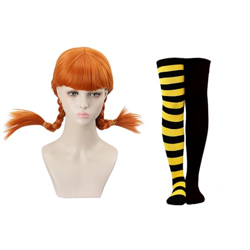 TOMIGO Damen Lange Orange Zöpfe Perücke mit Schwarz und Gelb gestreiften Socken für Halloween Karneval Cosplay Kostüm TOMIGO Damen Lange Orange Zöpfe Perücke mit Schwarz und Gelb gestreiften Socken für Halloween Karneval Cosplay Kostüm von TOMIGO