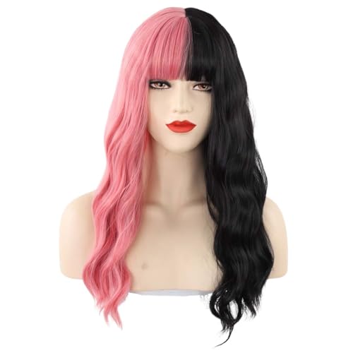 TOMIGO Lange Halb Schwarz und Halb Rosa Damen Wellige Cosplay Perücke von TOMIGO