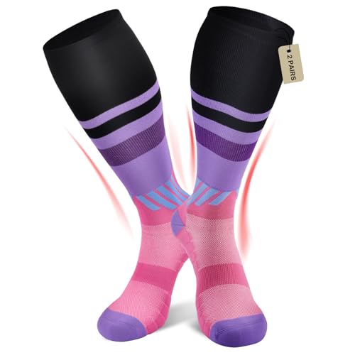 2 Paar Kompressionsstrümpfe Damen und Herren, Kompressionssocken Trombosestruempfe Damen Flug Compression Socks für Sport, Laufen, Reisen (DE/NL/SE/PL, Numerisch, 43, 46, Regular, Regular, Lila) von TOMILIOLD