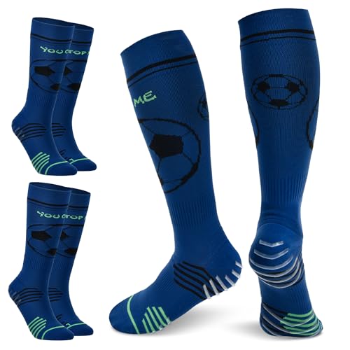 TOMILIOLD 2 Paar Stutzen Kinder Fußball Kinder Socken Jungen Grip Anti-Rutsch Socken Fussball Kinder Strümpfe Sneaker Socken Atmungsaktiv Urlaub für 4-16(L,Dunkelblau) von TOMILIOLD