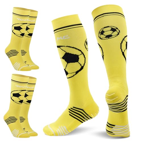 TOMILIOLD 2 Paar Stutzen Kinder Fußball Kinder Socken Jungen Grip Anti-Rutsch Socken Fussball Kinder Strümpfe Sneaker Socken Atmungsaktiv Urlaub für 4-16(L,Gelb) von TOMILIOLD