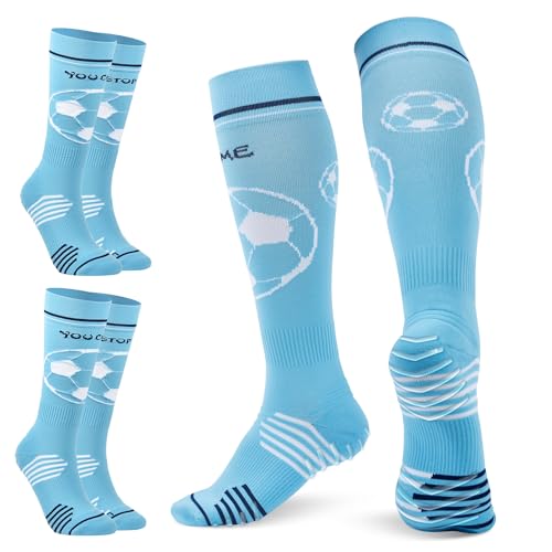 TOMILIOLD 2 Paar Stutzen Kinder Fußball Kinder Socken Jungen Grip Anti-Rutsch Socken Fussball Kinder Strümpfe Sneaker Socken Atmungsaktiv Urlaub für 4-16(M,Blau) von TOMILIOLD