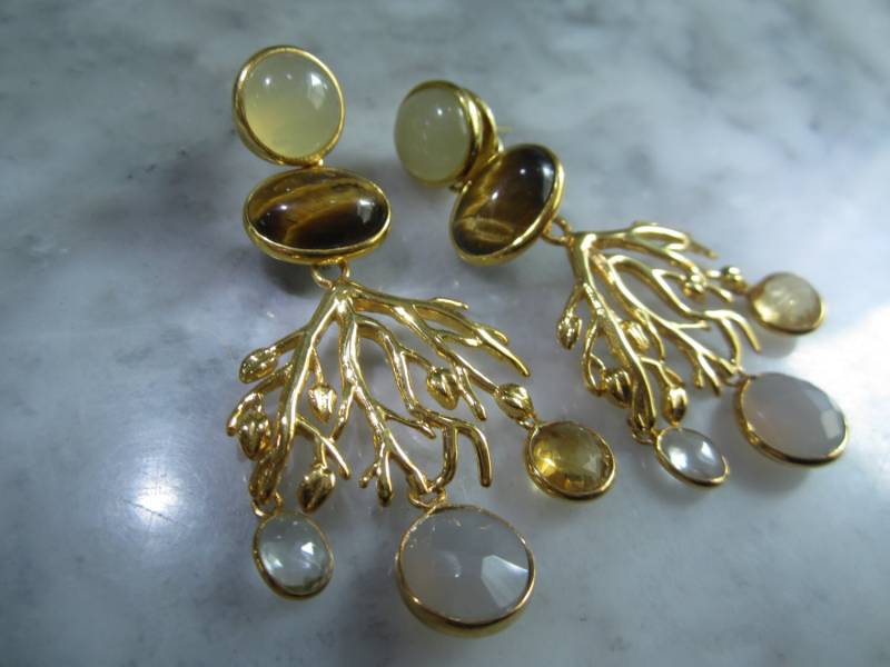 Ohrringe Mondstein Tigerauge Prasolit Amethyst Unikat Prehnit Briolette Perlen Tahiti Südsee Ohrhänger Luxus Gold von TOMKJustbe