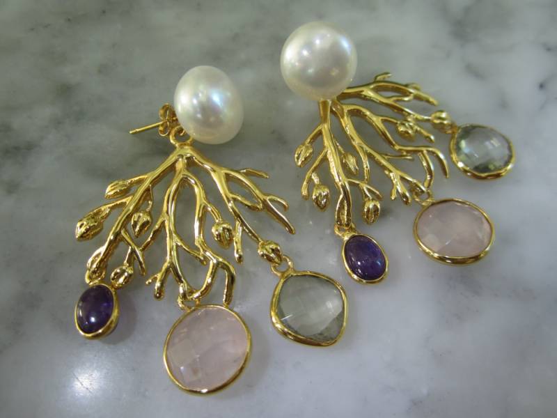 Ohrringe Mondstein Tigerauge Prasolit Amethyst Unikat Prehnit Briolette Perlen Tahiti Südsee Ohrhänger Luxus Gold von TOMKJustbe