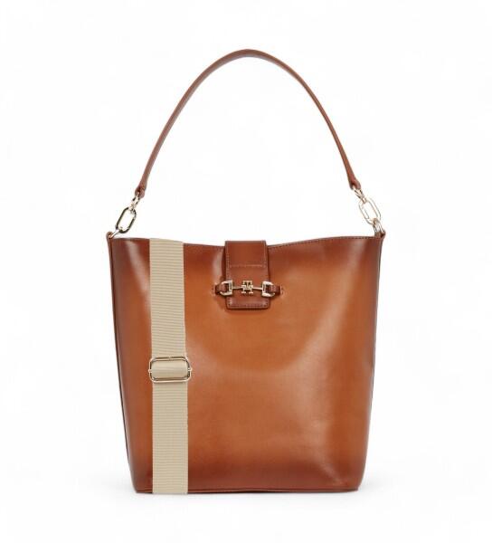 TOMMY HILFIGER - Tommy Hilfiger Heritage Leather Bucket Bag, Beuteltasche, Leder, Cognac-Braun von TOMMY HILFIGER