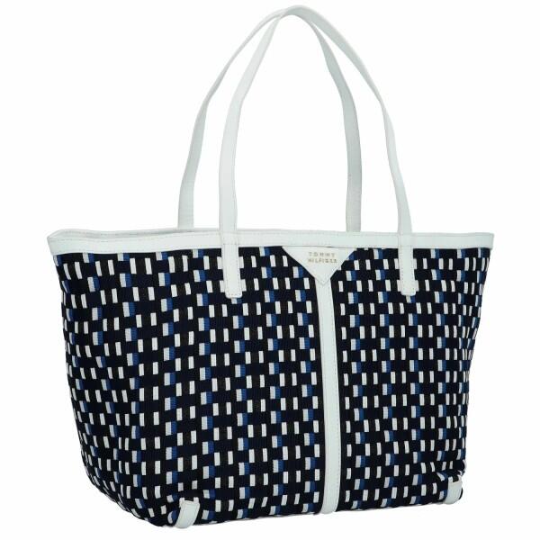 TOMMY HILFIGER - Tommy Hilfiger Pushlock Tote, Shopper, Leder-Denim, Weiß-Blau von TOMMY HILFIGER