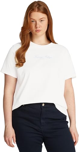 Tommy Hilfiger Damen T-Shirt Kurzarm Script Crew Neck Regular Fit, Weiß (Ecru), 50 von Tommy Hilfiger