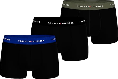 Tommy Hilfiger Herren 3er Pack Boxershorts Trunks mit Logobund, Mehrfarbig (WDG Blu/Blk/Utlty OLV), S-M von Tommy Hilfiger
