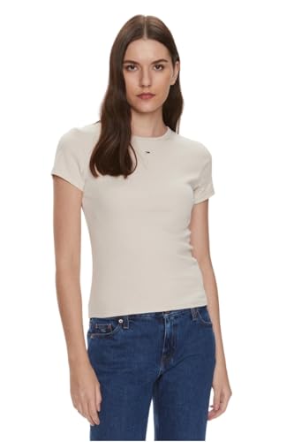 Tommy Jeans Damen T-Shirt Kurzarm Essential Rib Slim Fit, Elfenbein (Newsprint), XS von Tommy Jeans