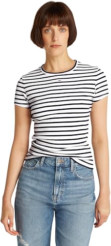 Tommy Jeans Damen T-Shirt Kurzarm Essential Rib Slim Fit, Mehrfarbig (Dark Night Navy/Stripe), 3XL von Tommy Jeans