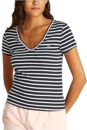 Tommy Jeans Damen Tjw Slim Essential Rib EXT Dw0dw17383 S/S T-Shirt, Blue (Dark Night Navy/Stripe), XL EU von Tommy Jeans
