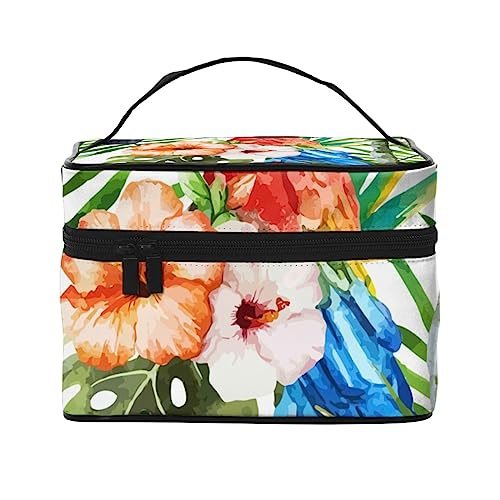 Aquarell-Blätter-Kosmetiktasche Make-up-Tasche Reise-Kosmetiktaschen für Frauen Kulturbeutel, Aquarell Hibiskus und Papageien, Einheitsgröße von TOMPPY