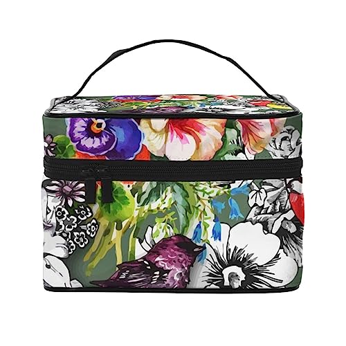 Aquarell-Kosmetiktasche mit Libellen und Vögeln, Make-up-Tasche, Reise-Kosmetiktaschen für Damen, Kulturbeutel, Aquarell Vögel und Blumen, Einheitsgröße von TOMPPY