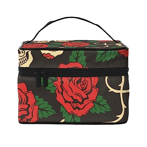 Aquarell-Waffelkegel, skizzenhafte Totenköpfe in Weihnachtsmütze, Kosmetiktasche, Make-up-Tasche, Reise-Kosmetiktaschen für Frauen, Kulturbeutel, Sugar Skulls Rote Rosen, Einheitsgröße von TOMPPY