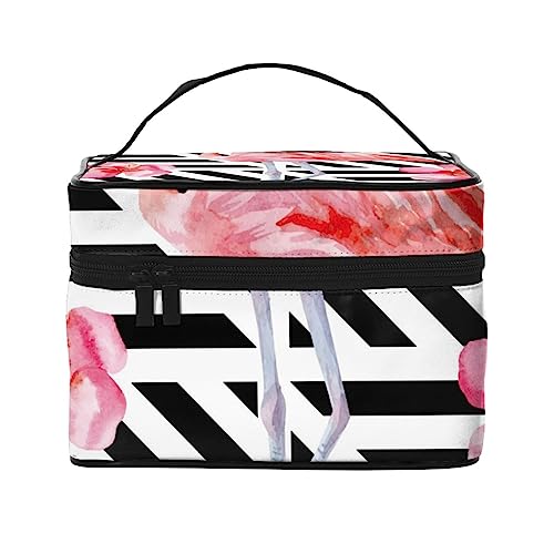 Aquarell-Waffelkegel, skizzenhafte Totenköpfe in Weihnachtsmütze, Kosmetiktasche, Make-up-Tasche, Reise-Kosmetiktaschen für Frauen, Kulturbeutel, Tropic Aquarell Rosa Flamingo und Hibiskusblüte, Einheitsgröße von TOMPPY