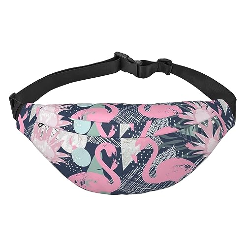 Bauchtasche für Männer und Frauen, rosa Blumenwand, bedruckt, Umhängetasche, große Crossbody-Brusttasche für Sport, Laufen, Reisen, Rosa Flamingo und Blätter, Einheitsgröße von TOMPPY