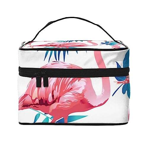 Blaue tropische Palmenblätter mit exotischem Flamingo Kosmetiktasche Make-up-Tasche Reise-Kosmetiktaschen für Frauen Kulturbeutel, Blaue tropische Palmenblätter mit exotischem Flamingo, Einheitsgröße von TOMPPY