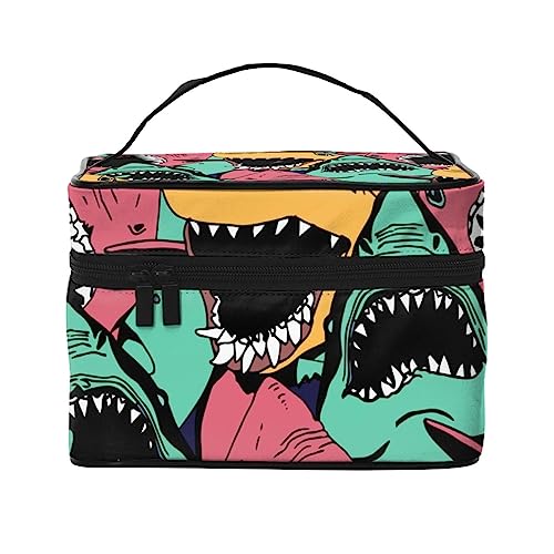 Blaue tropische Palmenblätter mit exotischem Flamingo Kosmetiktasche Make-up-Tasche Reise-Kosmetiktaschen für Frauen Kulturbeutel, Bunte Hai Muster Meer Leben, Einheitsgröße von TOMPPY