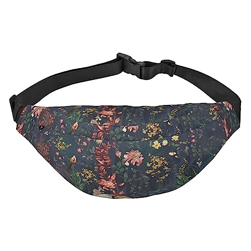 Blumen-Vögel-bedruckte Bauchtaschen für Männer und Frauen, wasserdicht, modisch, Wandern, Hüfttasche für Sport, Laufen, Reisen, Schwarz , Einheitsgröße von TOMPPY