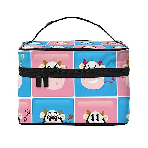 Bright Fruit Pattern Cosmetic Bag Makeup Bag Travel Cosmetic Bags for Women Toiletry Bags, Blau und Rosa Kopf Kuh Emoticon, Einheitsgröße von TOMPPY