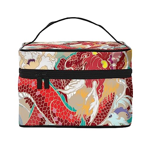 Bunte Pfau Kosmetiktasche Make-up Tasche Reise Kosmetiktaschen für Frauen Kulturbeutel, Bunte Drachen und Blume, Einheitsgröße von TOMPPY