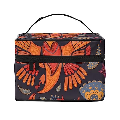 Chamäleons und tropische Blätter und Blumen Kosmetiktasche Make-up-Tasche Reise Kosmetiktaschen für Frauen Kulturbeutel, Wunderschöner Feuervogel und blaue Blumen, Einheitsgröße von TOMPPY