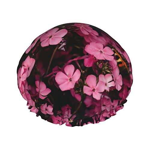 Duschhaube mit rosa Blumendruck, wasserdicht, wiederverwendbar, elastisch, doppellagig, verstellbar, elastisches Band, Badekappe für Damen, Herren, Spa, Salon von TOMPPY