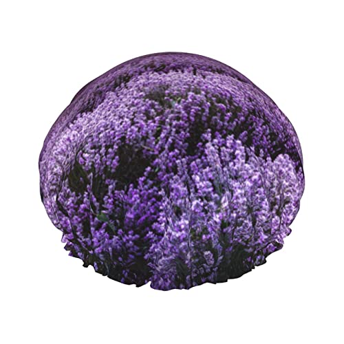 Duschhaube mit violettem Blumenmuster, wasserdicht, wiederverwendbar, elastisch, doppellagig, verstellbar, elastisches Band, Badekappe für Damen, Herren, Spa, Salon von TOMPPY