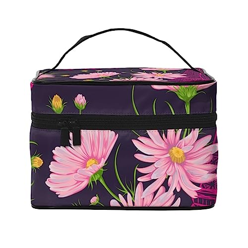 Ethnische Boho Muster Kosmetiktasche Make-up Tasche Reise Kosmetiktaschen für Frauen Kulturbeutel, Eiffelturm und rosa Kamillenblüten, Einheitsgröße von TOMPPY