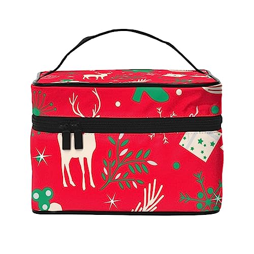 Frohe Weihnachten Hirsch Bunte Kosmetiktasche Make-up Tasche Reise Kosmetiktaschen für Frauen Kulturbeutel, Frohe Weihnachtsbaum Blätter und Hirsch auf einem roten, Einheitsgröße von TOMPPY