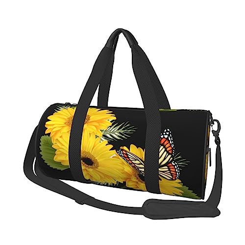 Gelbe Gerberas mit Schmetterling bedruckte Sporttasche Gym Tote Bag Weekender Reisetasche Sport Gym Bag für Workout Übernachtung Reisegepäck Damen Herren, Schwarz, Einheitsgröße, Schwarz , von TOMPPY