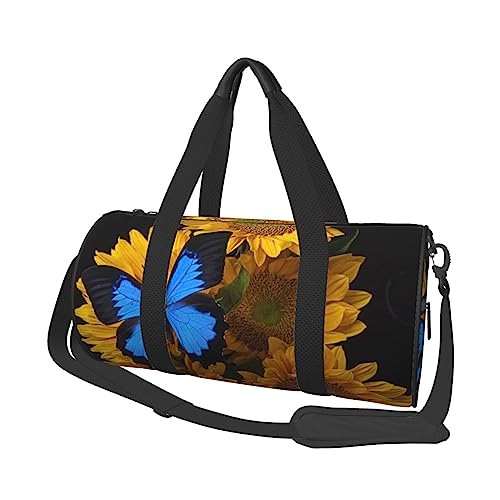 Gelbe Sonnenblumen mit blauen Schmetterlingen bedruckte Sporttasche Gym Tote Bag Weekender Reisetasche Sport Gym Bag für Workout Übernachtung Reisegepäck Damen Herren, Schwarz, Einheitsgröße, Schwarz von TOMPPY