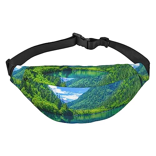 Green Hills And Water Printed Fanny Packs For Men Women Waterproof Fashion Hiking Waist Bag Large Crossbody Chest Bag For Sports Running Traveling, Black, One Size, Schwarz , Einheitsgröße von TOMPPY