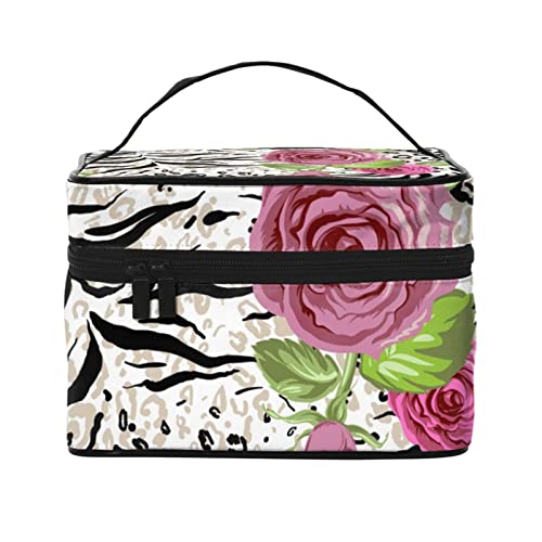 Herz Wassermelone Drucke Kosmetiktasche Make-up Tasche Reise Kosmetiktaschen für Frauen Kulturbeutel, Tierhaut und Rosen Blumenmuster, Einheitsgröße von TOMPPY