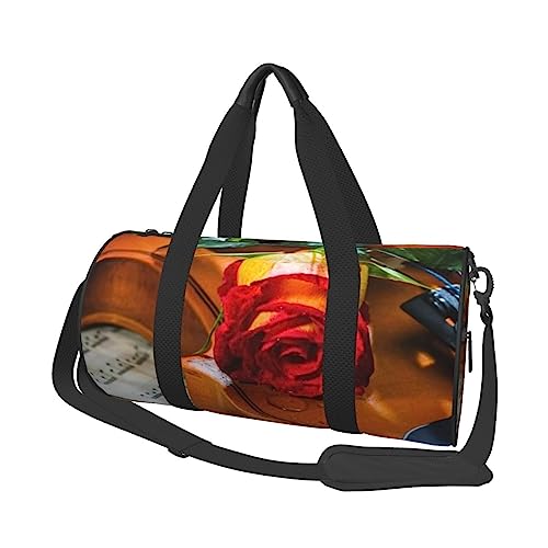 Hölzerne Violine und Rose bedruckte Sporttasche Gym Tote Bag Weekender Reisetasche Sport Gym Bag für Workout Übernachtung Reisegepäck Damen Herren, Schwarz, Einheitsgröße, Schwarz , Einheitsgröße von TOMPPY