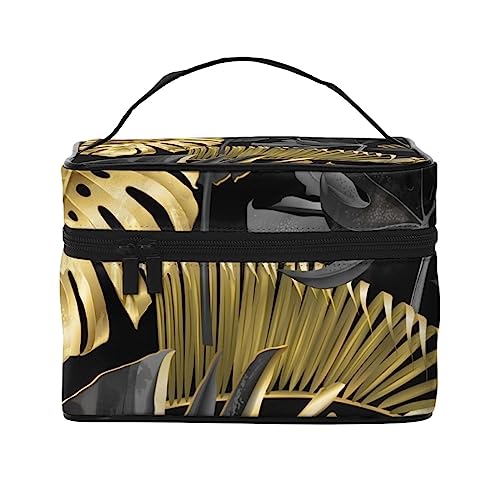 Japanische Shibori Rustikale Tribal Batik Türkisches Aquarellmuster Kosmetiktasche Make-up-Tasche Reise Kosmetiktaschen für Frauen Kulturbeutel, Exotische botanische Palme mit tropischen Blättern, Gold und Schwarz, Einheitsgröße von TOMPPY