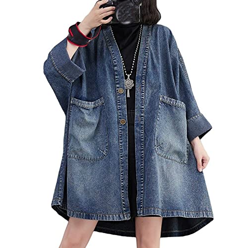 Jeansjacke, Lange Damen-Jeansjacke In Übergröße Vintage-Blau Langärmelig Shacket-Jacke Mit Knöpfen Verblasst V-Ausschnitt Frühlingsübergang Lässige Oberbekleidung Mit Tasche M von TOMPPY