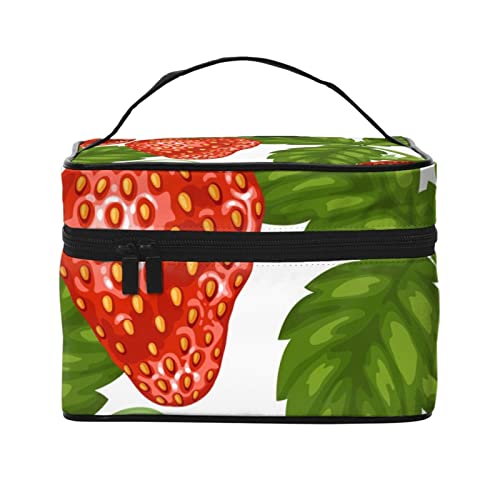 Kosmetiktasche im Retro-Stil mit floralem Vogel, Make-up-Tasche, Reise-Kosmetiktaschen für Damen, Kulturbeutel, Rote Erdbeere und Blumen, Einheitsgröße von TOMPPY