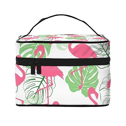 Kosmetiktasche mit Flamingo-Muster, Make-up-Tasche, Reise-Kosmetiktaschen für Damen, Kulturbeutel, Flamingo und Palmenblätter Monstera, Einheitsgröße von TOMPPY