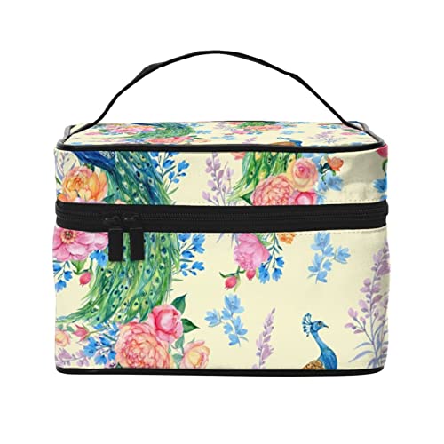 Kosmetiktasche mit Pfingstrose und Mohnblumen, Make-up-Tasche, Reise-Kosmetiktaschen für Damen, Kulturbeutel, Pfauen mit Blumen, Einheitsgröße von TOMPPY