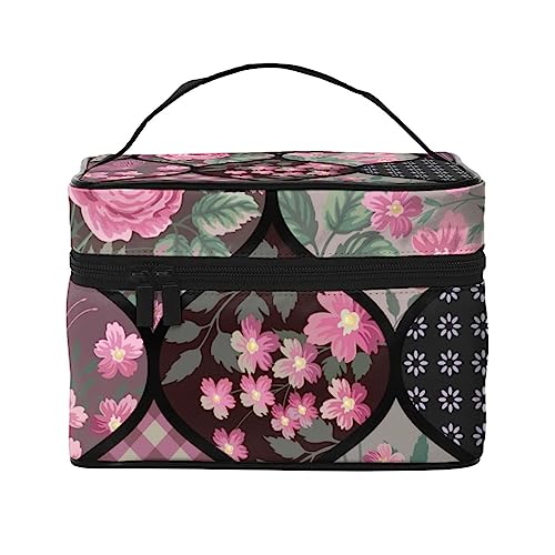 Kosmetiktasche mit Rosen-Blumenmuster, Patchwork-Muster, Make-up-Tasche, Reise-Kosmetiktaschen für Damen, Kulturbeutel, Rosen Blumen Patchwork Muster, Einheitsgröße von TOMPPY