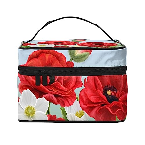 Kosmetiktasche mit Rosen-Blumenmuster, Patchwork-Muster, Make-up-Tasche, Reise-Kosmetiktaschen für Damen, Kulturbeutel, Rote Blumen weiße Anemonen Muster, Einheitsgröße von TOMPPY