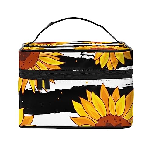 Kosmetiktasche mit Schlangenstruktur-Muster, Make-up-Tasche, Reise-Kosmetiktaschen für Damen, Kulturbeutel, Sonnenblumen Schwarz-weiß Streifen, Einheitsgröße von TOMPPY