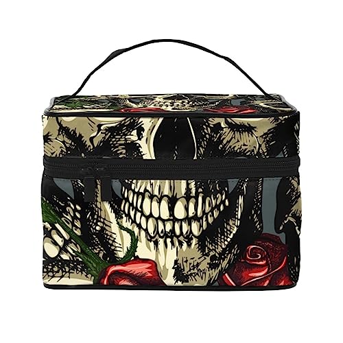 Kosmetiktasche mit Totenköpfen mit roten Rosen Muster Kosmetiktasche Make-up-Tasche Reise Kosmetiktaschen für Frauen Kulturbeutel, Totenköpfe mit roten Rosen Muster, Einheitsgröße von TOMPPY